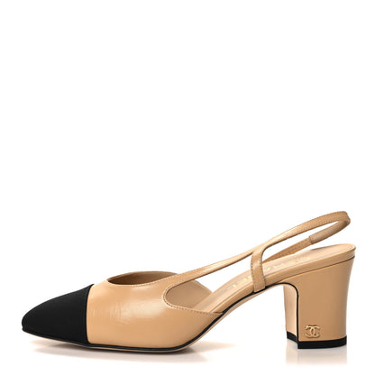 Chanel Goatskin Grosgrain Cap Toe CC Slingback Pumps 38.5 Beige Black 1 of 9