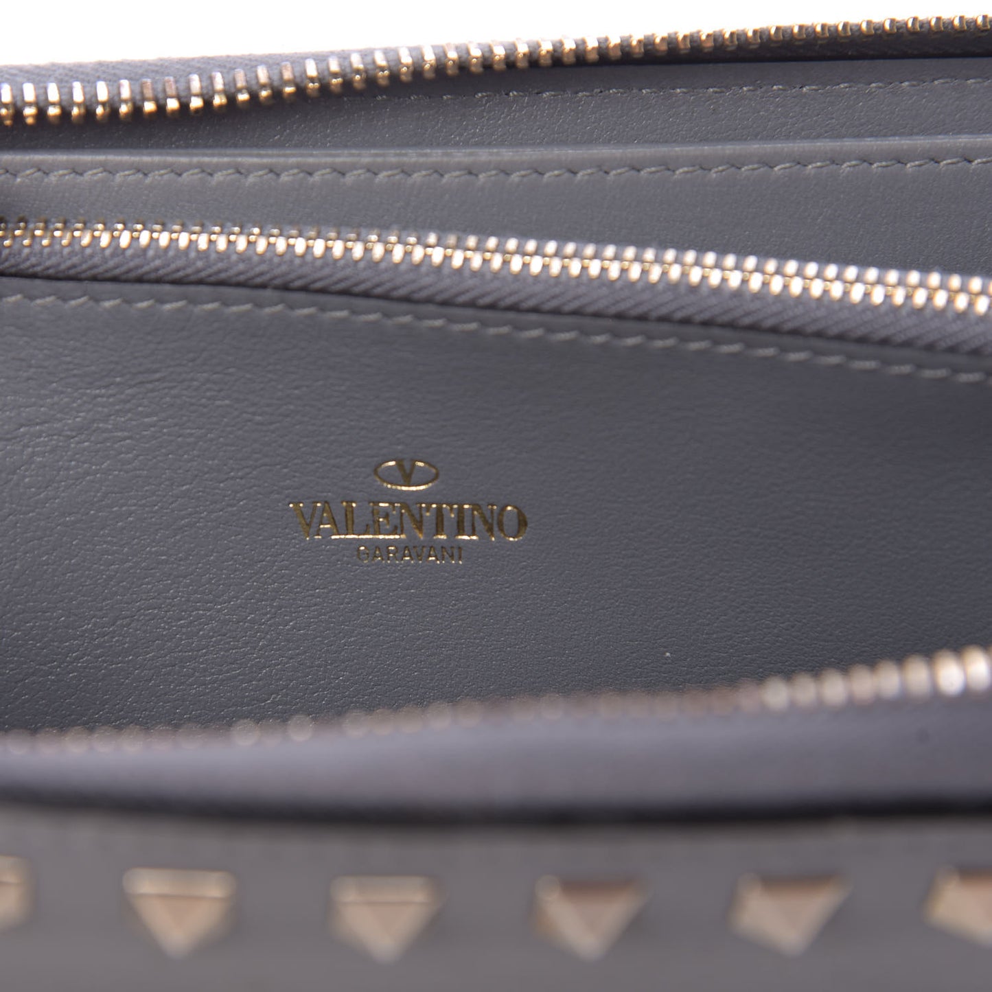 Calfskin Rockstud Zip Around Wallet Grey