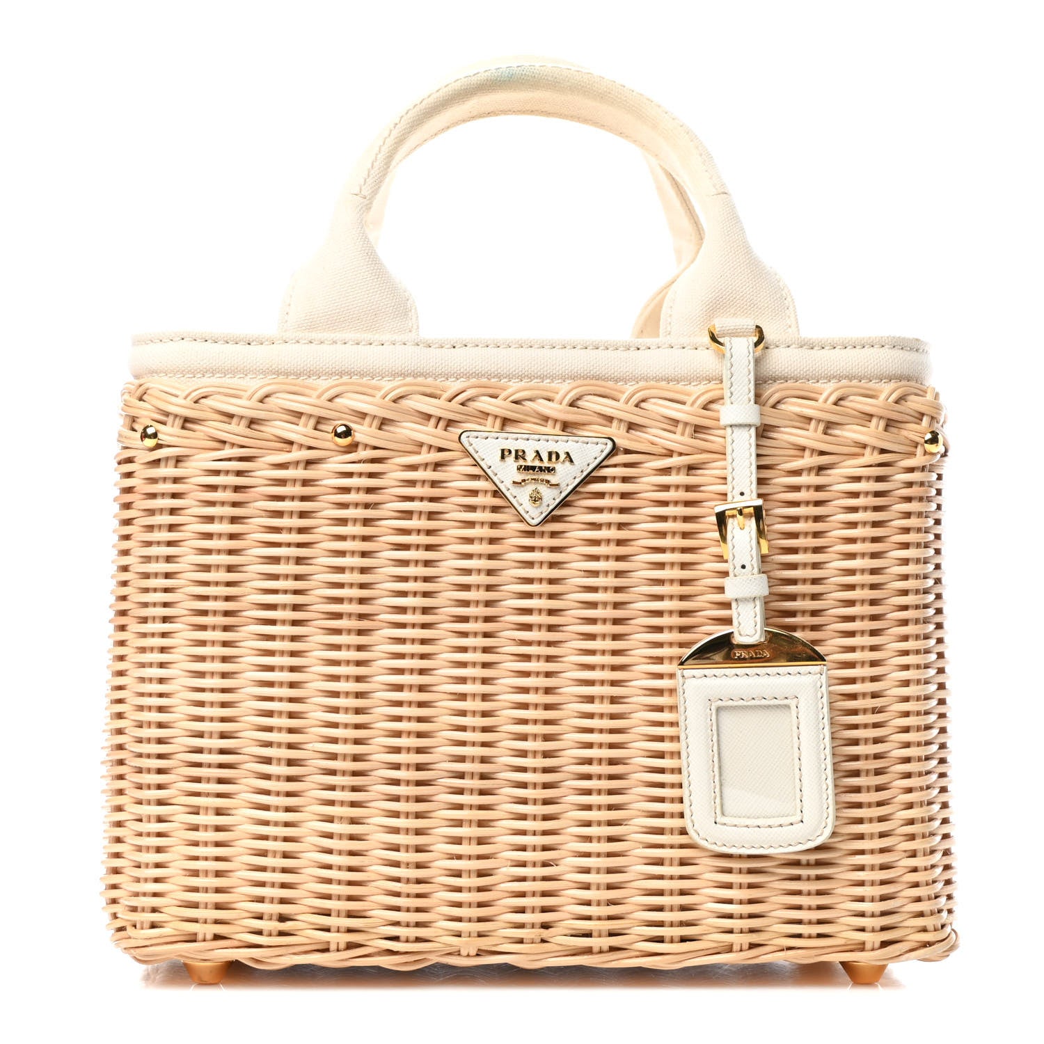 Prada Canvas Wicker Shoulder Bag White Tan 1 of 5
