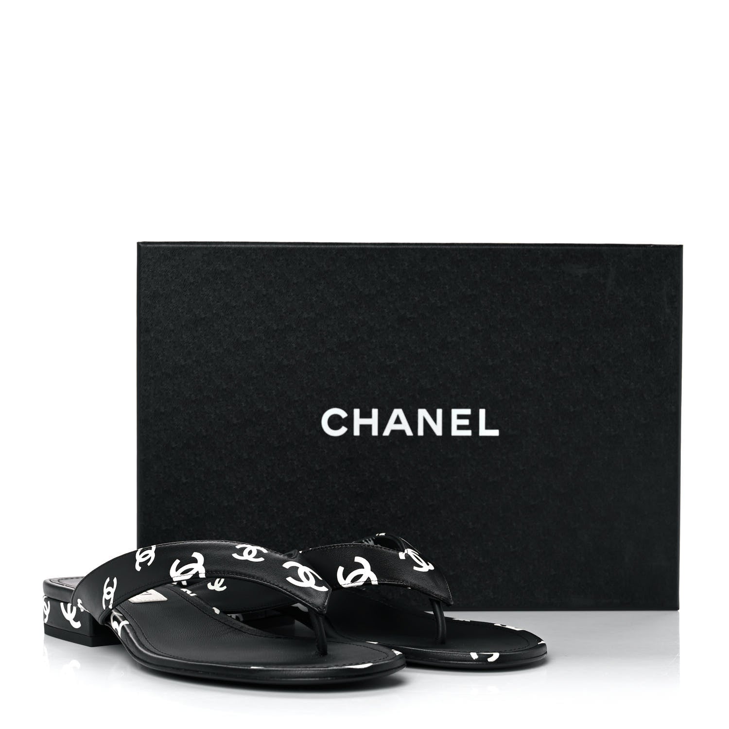 Chanel Lambskin Printed CC Thong Sandals 39 Black White 9 of 9