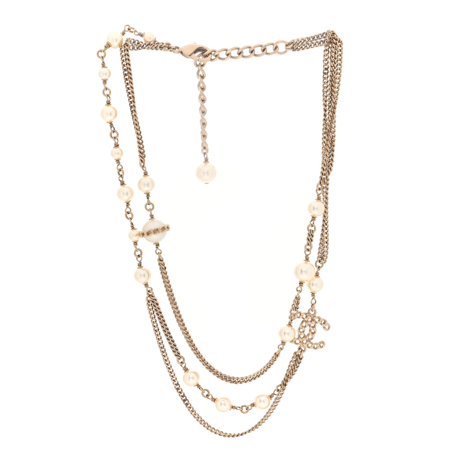 Chanel Metal Chain Link Pearl CC Multi Strand Choker Necklace Gold 3 of 4