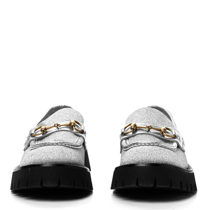 Gucci Mini Diamond Storm Silk Calfskin Womens Harald Horsebit 25mm Platform Loafers 38.5 Silver 2 of 7
