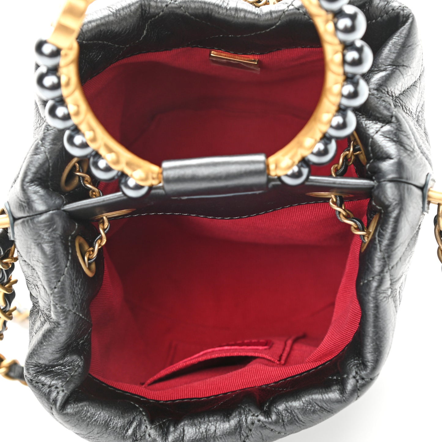 Metallic Lambskin Quilted Pearl Crown Drawstring Bag Anthracite