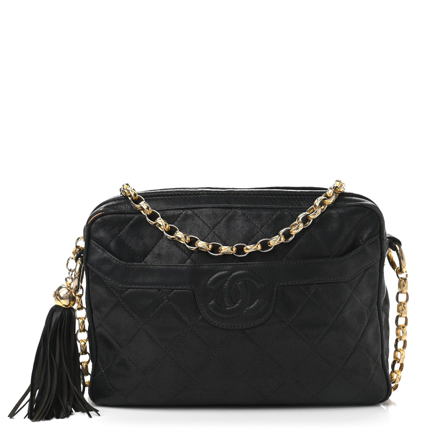 Lambskin Quilted CC Tassel Camera Case Black