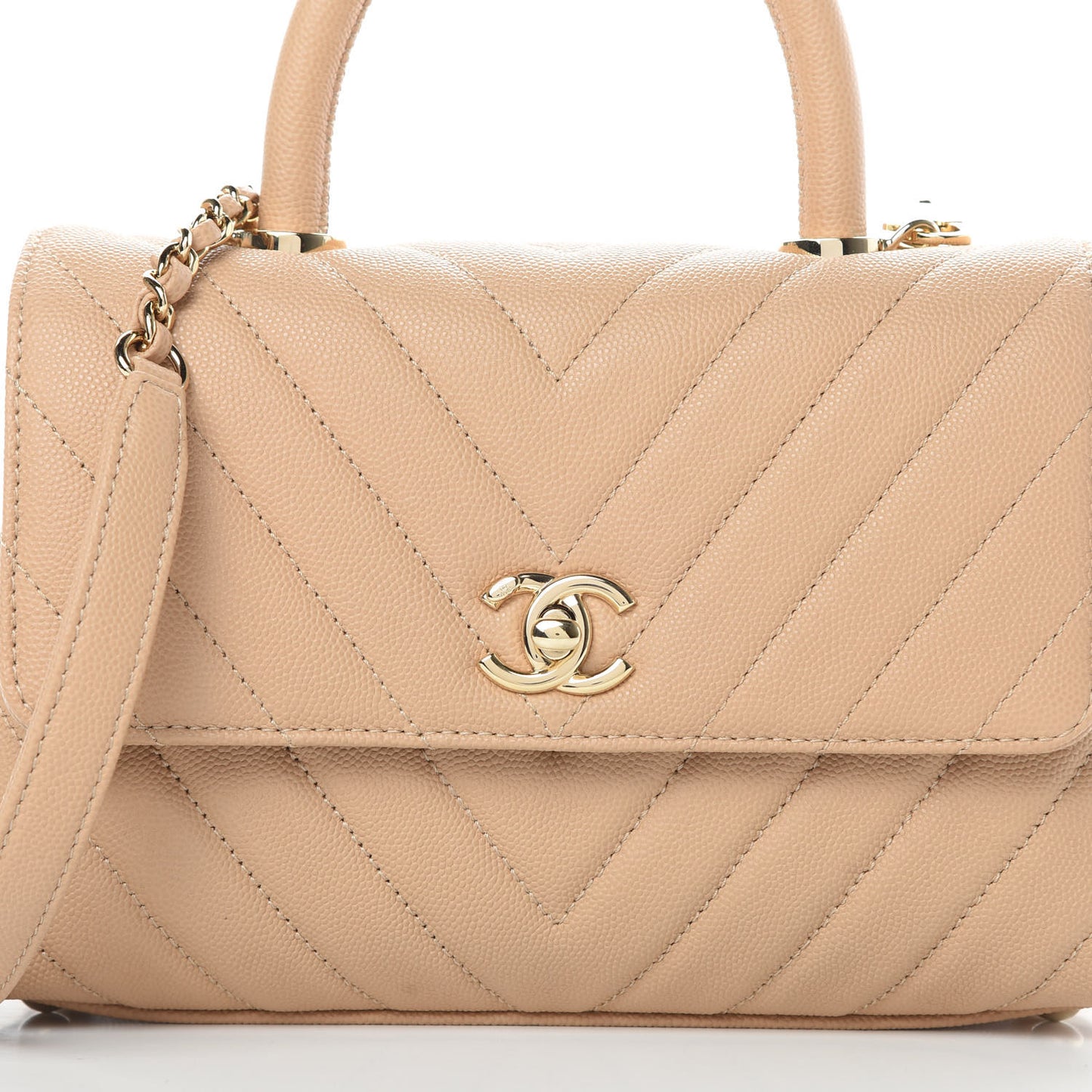Caviar Chevron Quilted Mini Coco Handle Flap Beige