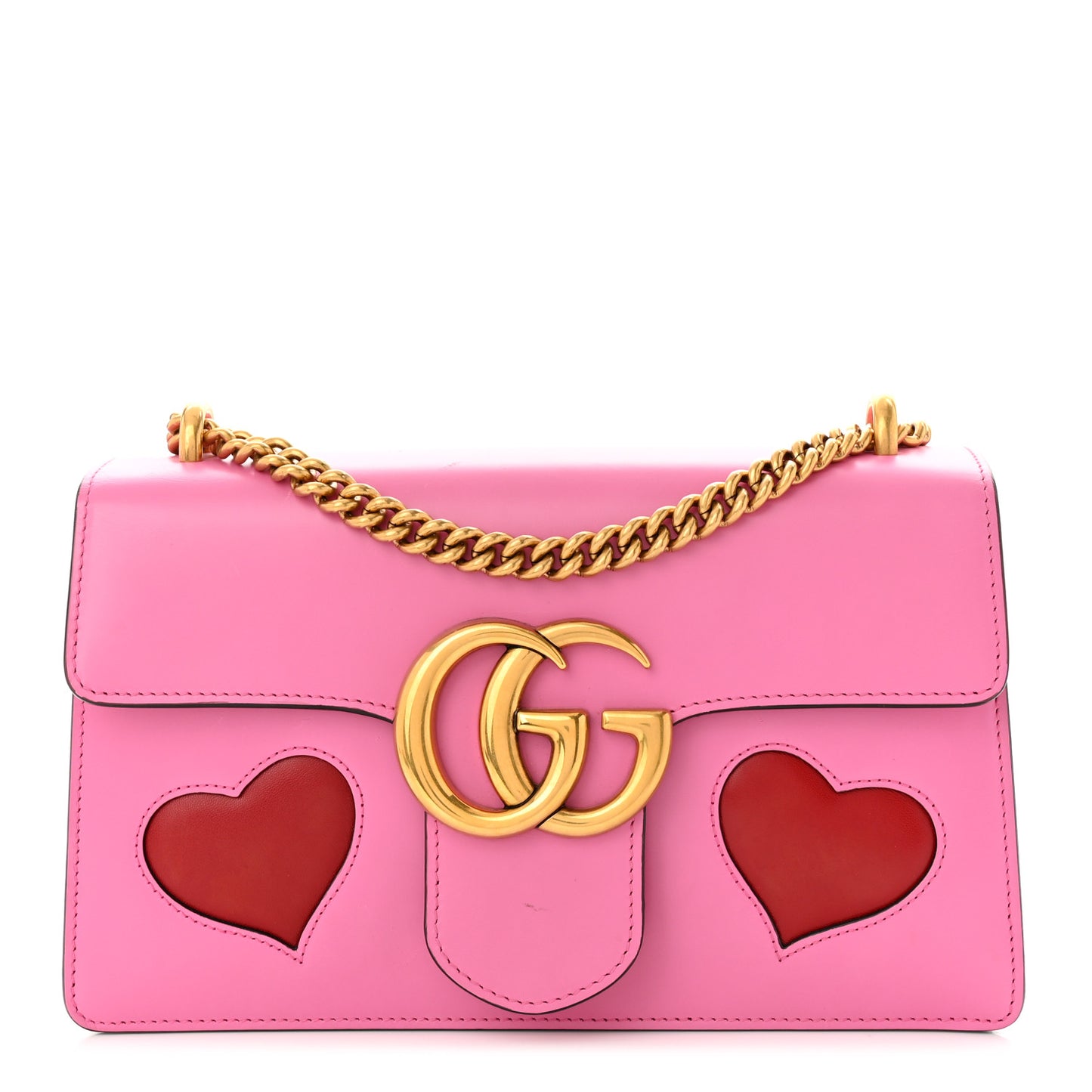 Knight Calfskin Malaga Kid Heart Medium GG Marmont Chain Handle Bag Tropical Pink Flower Hibiscus Red Multicolor