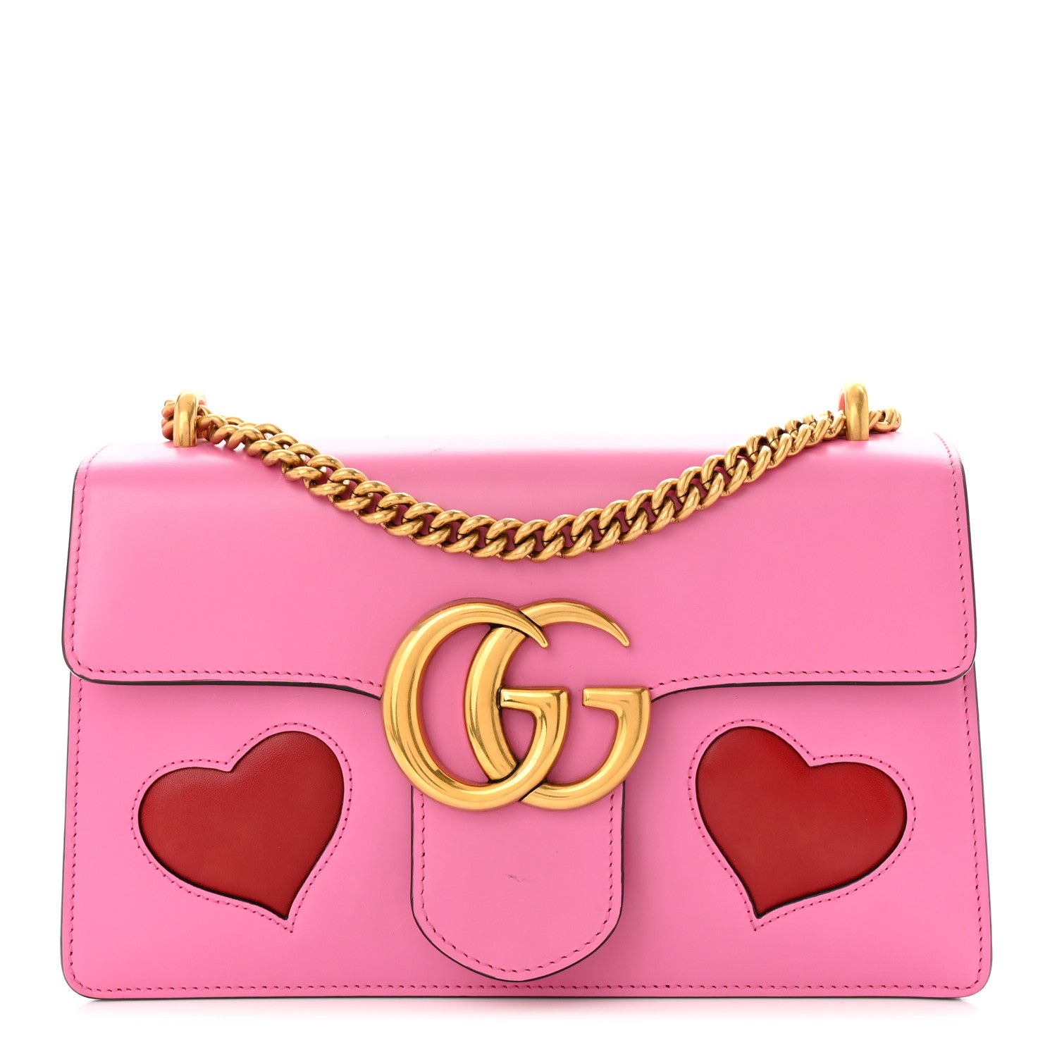 Gucci Knight Calfskin Malaga Kid Heart Medium GG Marmont Chain Handle Bag Tropical Pink Flower Hibiscus Red Multicolor 1 of 16