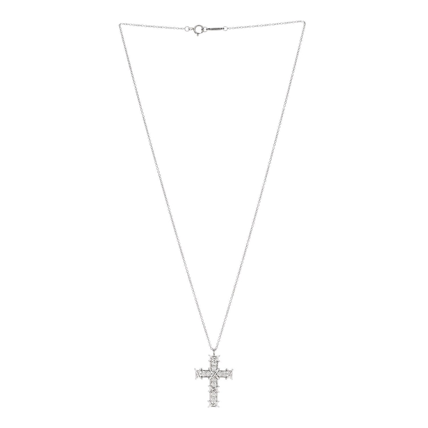 Platinum Diamond Schlumberger Ten Stone Cross Pendant Necklace