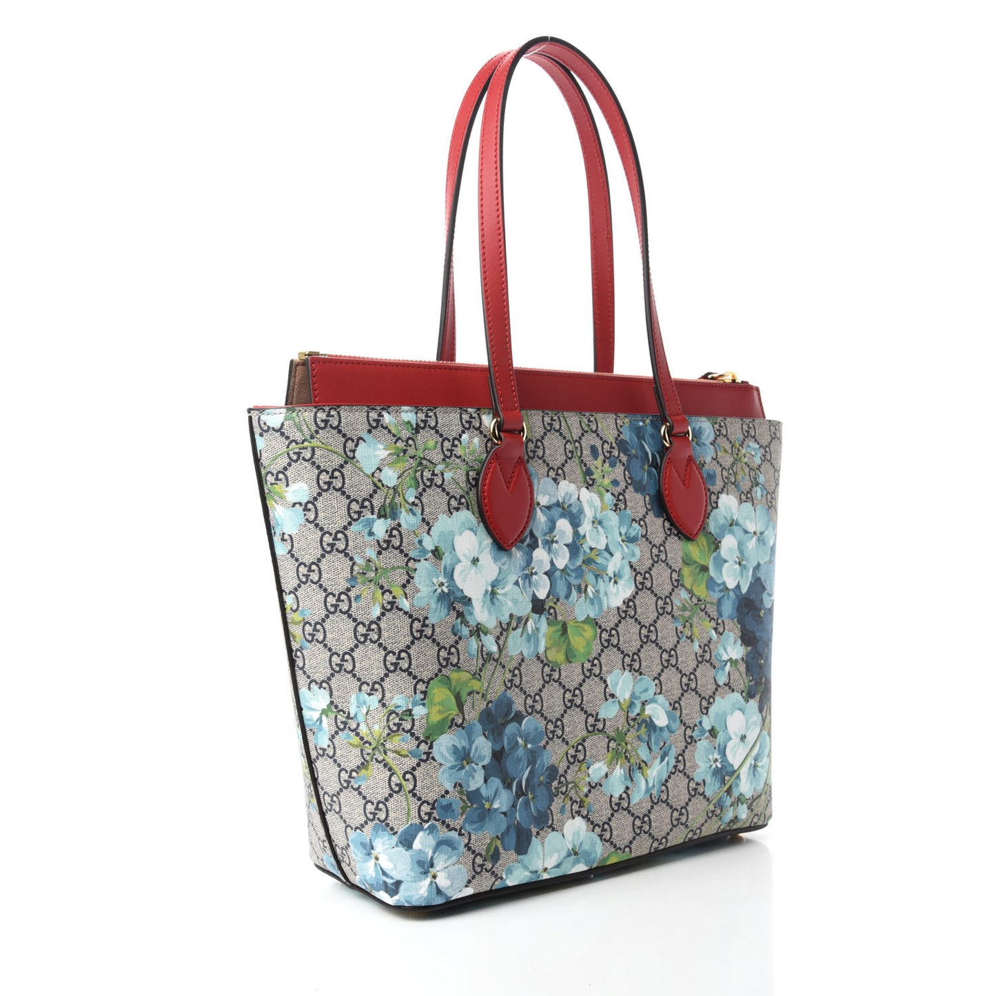GG Supreme Monogram Blooms Medium Zippered Bucket Tote Beige Blue Navy Hibiscus Red