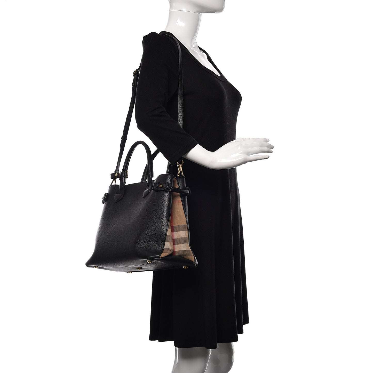 Grainy Calfskin House Check Medium Banner Tote Black