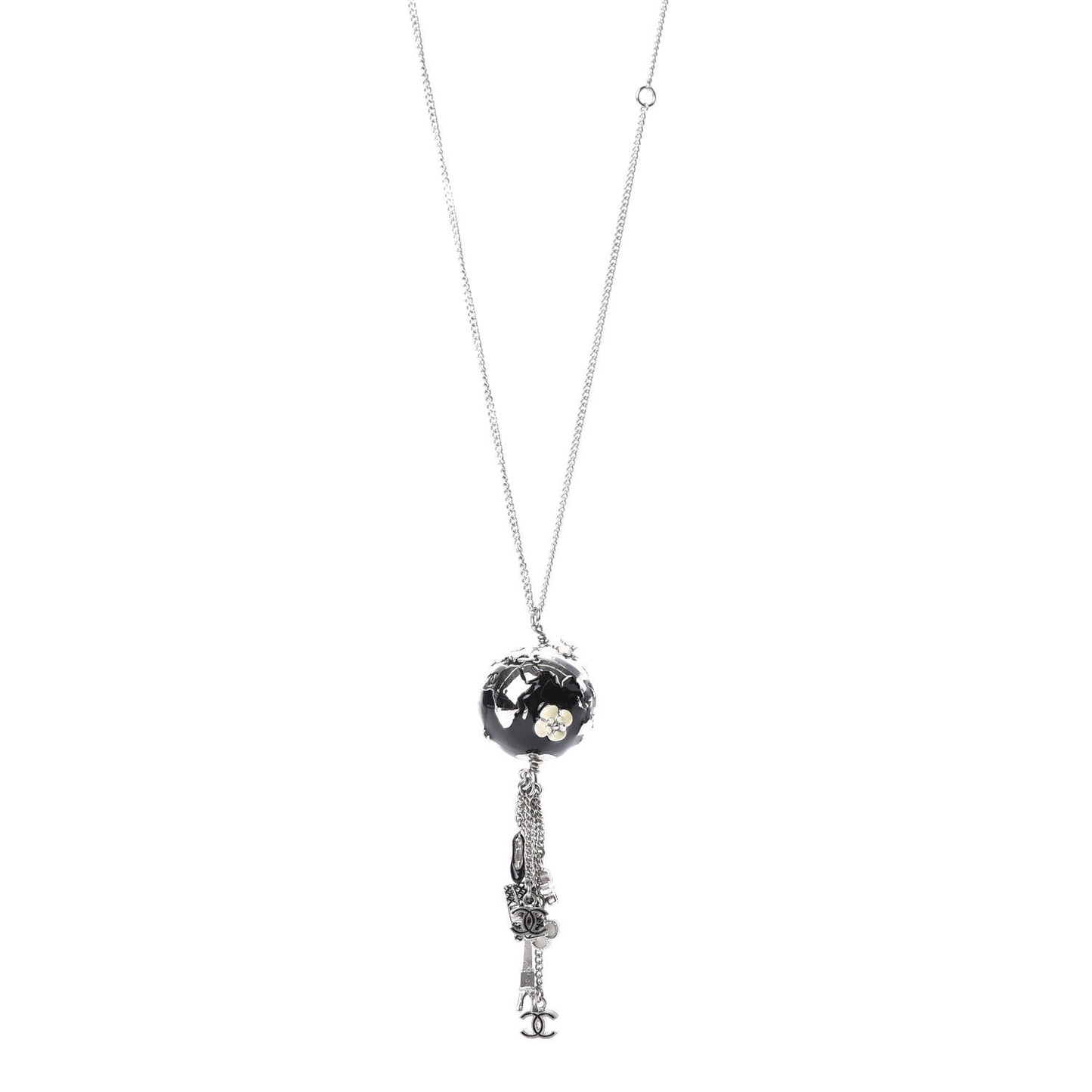 Camellia CC Globe Drop Pendant Necklace Black Silver