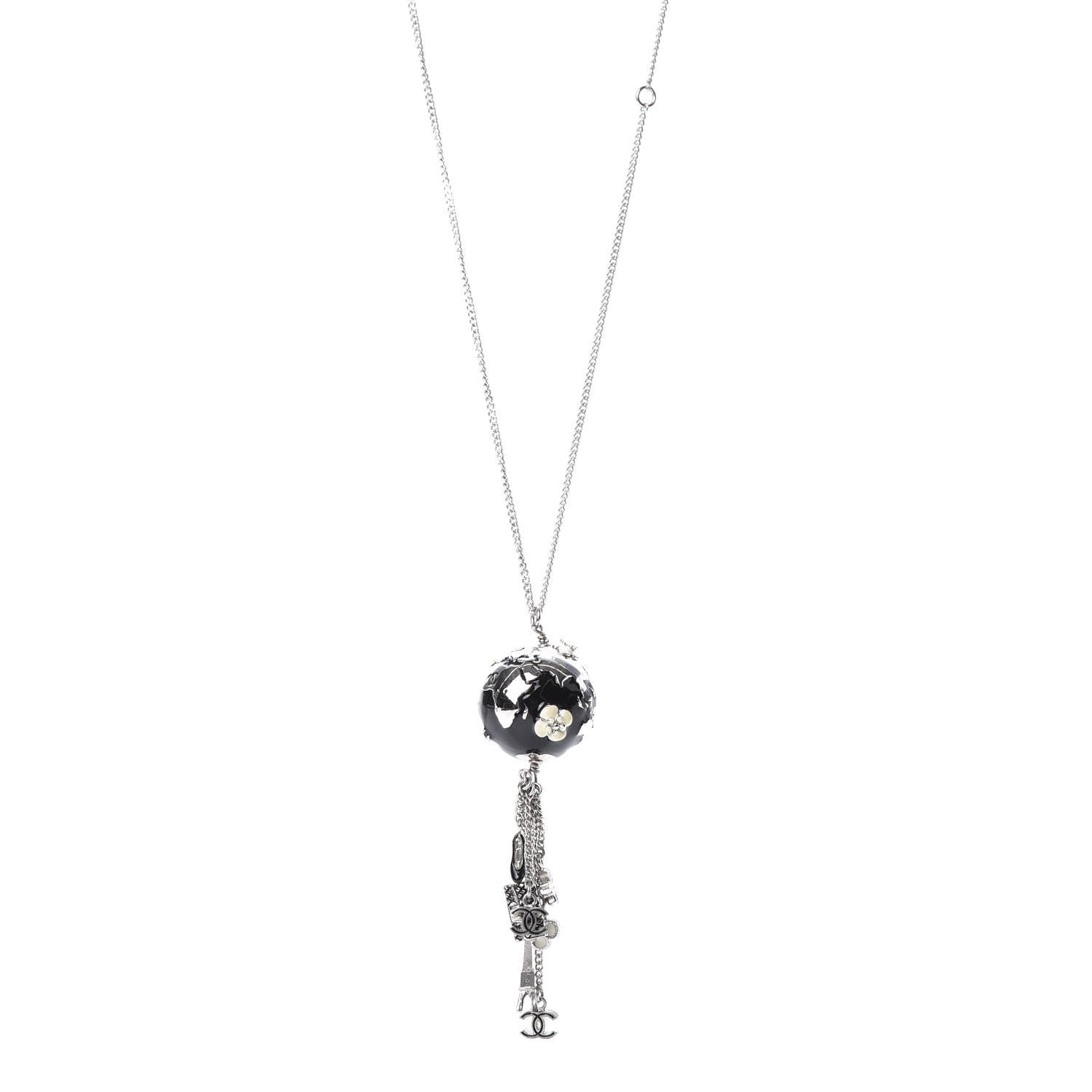 Chanel Camellia CC Globe Drop Pendant Necklace Black Silver 1 of 7