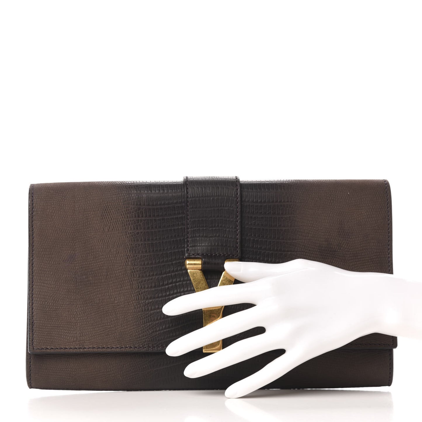 Calfskin Lizard Embossed Classic Y Clutch Brown