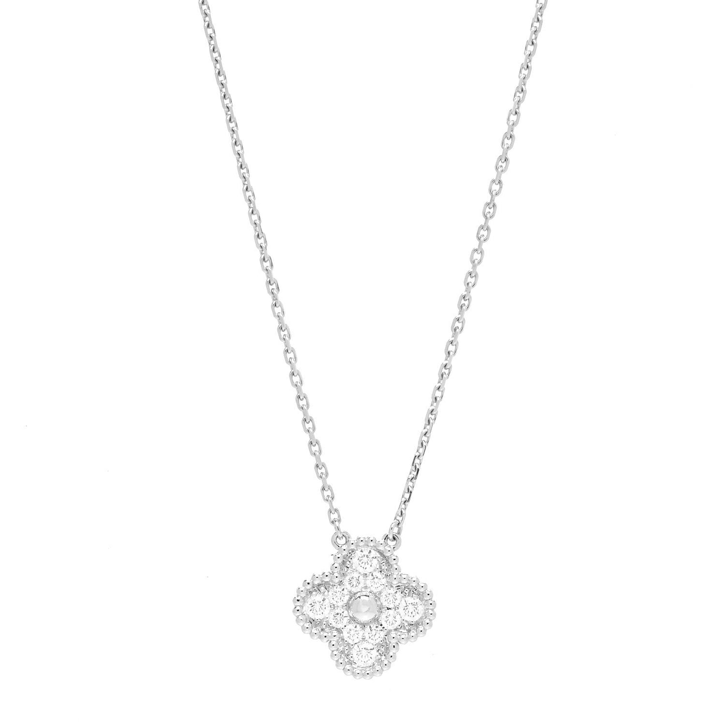18K White Gold Diamond Vintage Alhambra Pendant Necklace
