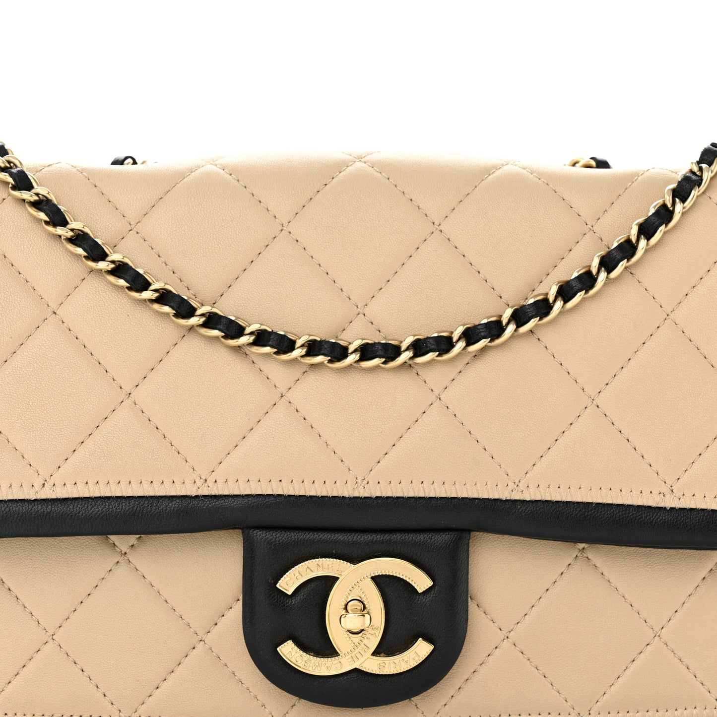 Calfskin Quilted Medium Graphic Flap Beige Black