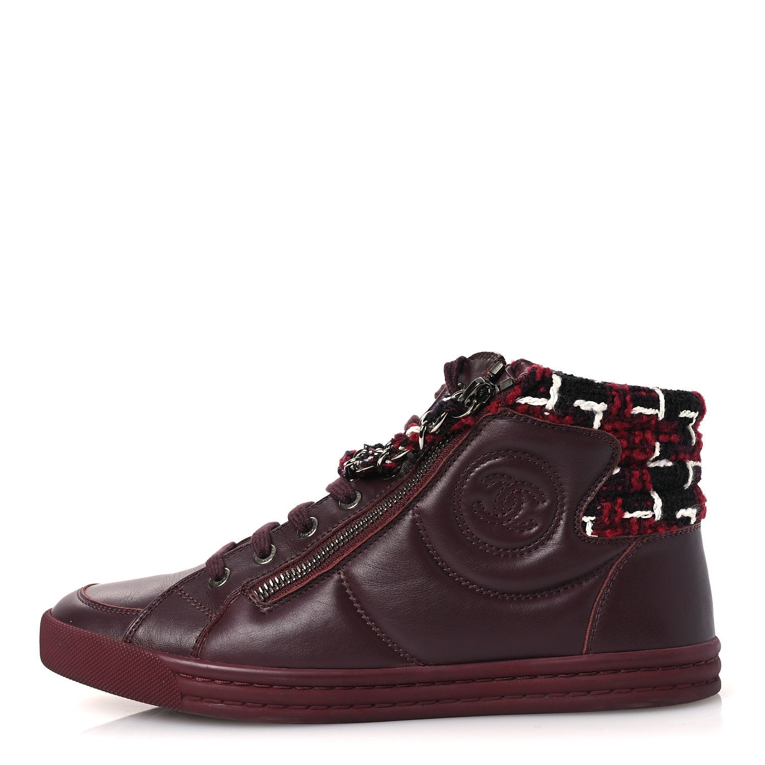 シャネル★ Chanel Lambskin Zipped Chain CC Sneakers 38.5 Burgundy 1888839