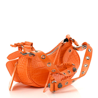 Balenciaga Extra Supple Calfskin Crocodile Embossed Le Cagole Shoulder Bag XS Pop Orange 3 of 11