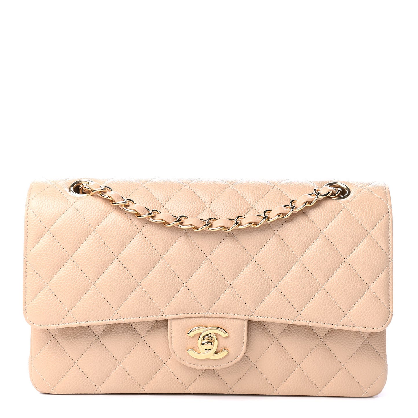 Caviar Quilted Medium Double Flap Beige