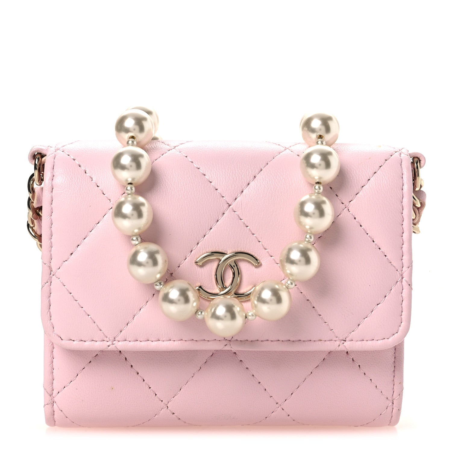 Chanel Lambskin Quilted Pearl Card Holder With Chain Light Pink 1 of 15