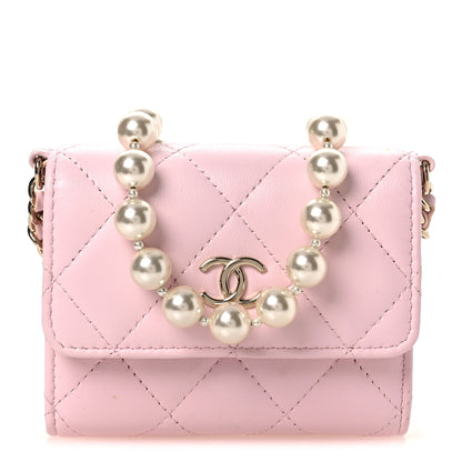 Chanel Lambskin Quilted Pearl Card Holder With Chain Light Pink 1 of 15