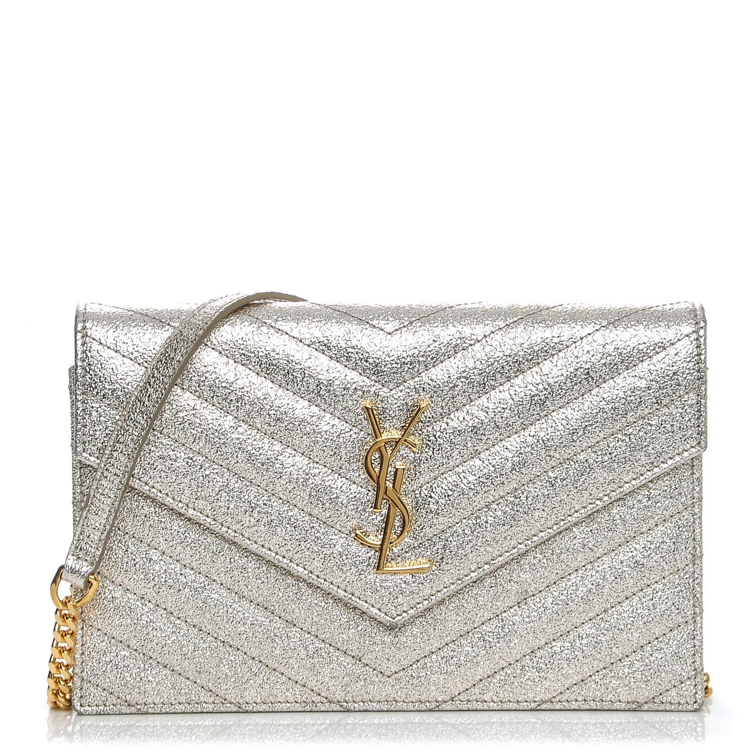 Saint Laurent Metallic Calfskin Matelasse Chevron Monogram Envelope Chain Wallet Pale Gold 1 of 6