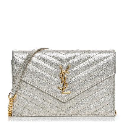 Saint Laurent Metallic Calfskin Matelasse Chevron Monogram Envelope Chain Wallet Pale Gold 1 of 6