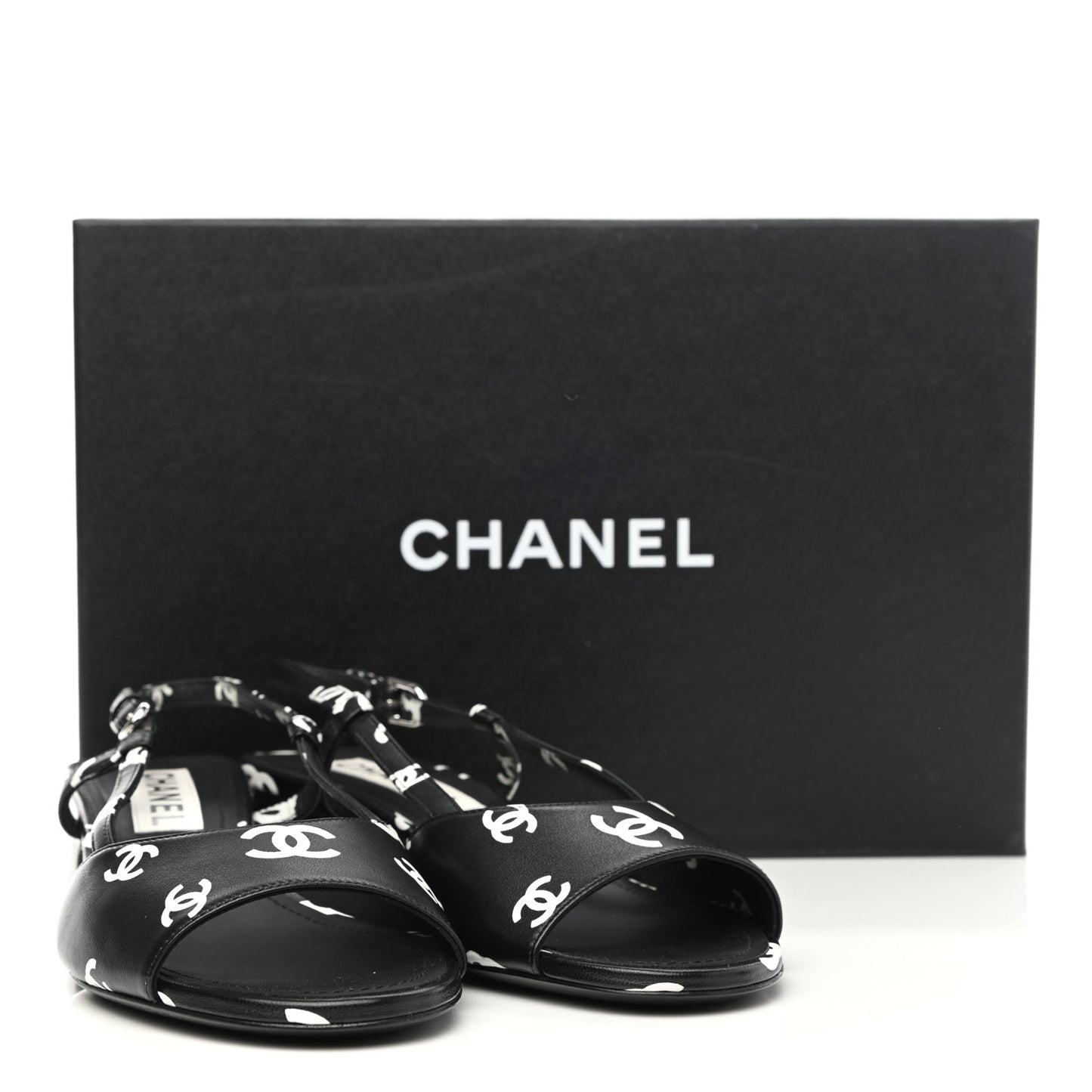 Printed Lambskin CC Slingback Sandals 37.5 Black White