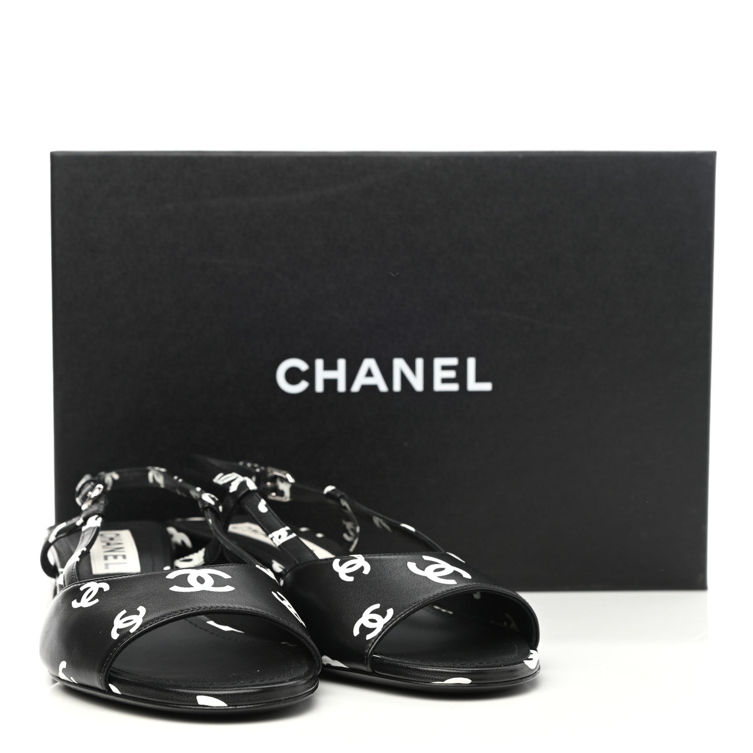 Chanel Printed Lambskin CC Slingback Sandals 37.5 Black White 9 of 9