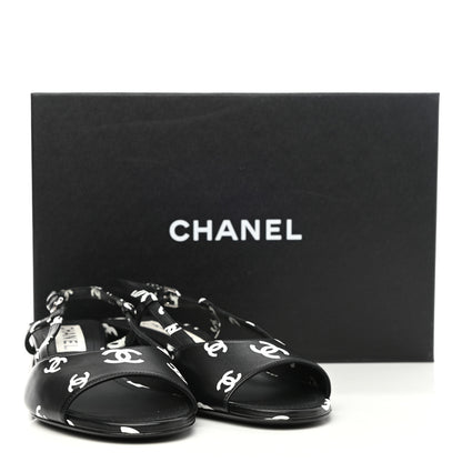 Chanel Printed Lambskin CC Slingback Sandals 37.5 Black White 9 of 9