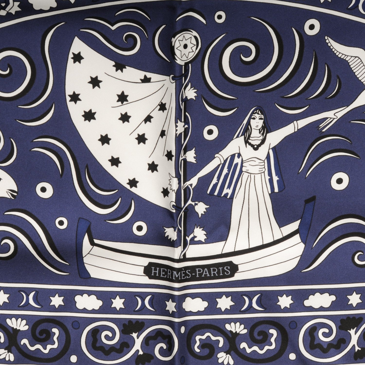 Hermes Silk Twill Peuple Du Vent Scarf 140 Marine Noir Blanc 3 of 6