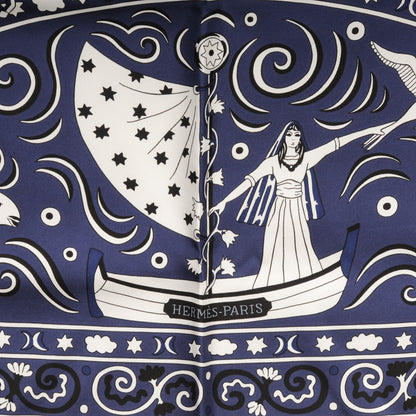 Hermes Silk Twill Peuple Du Vent Scarf 140 Marine Noir Blanc 3 of 6