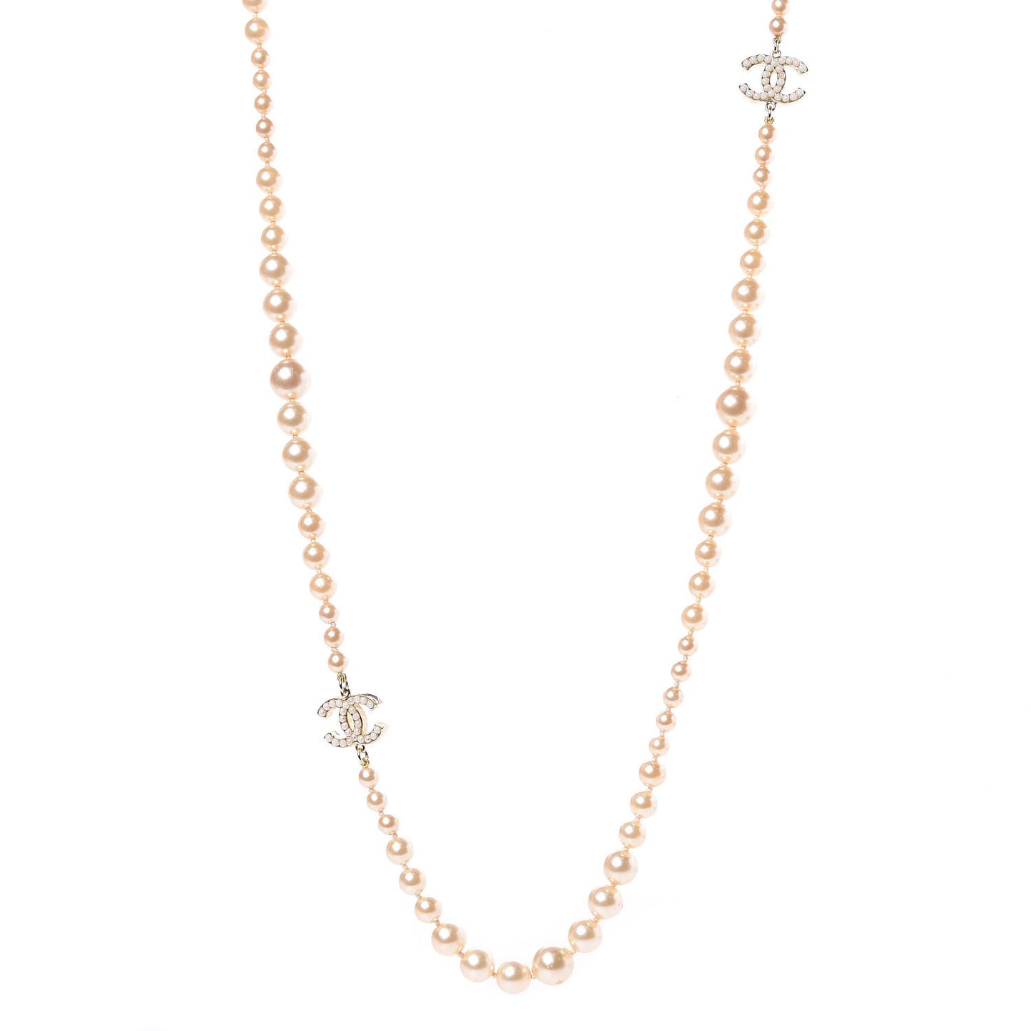 Graduated Pearl CC Long Necklace Light Gold