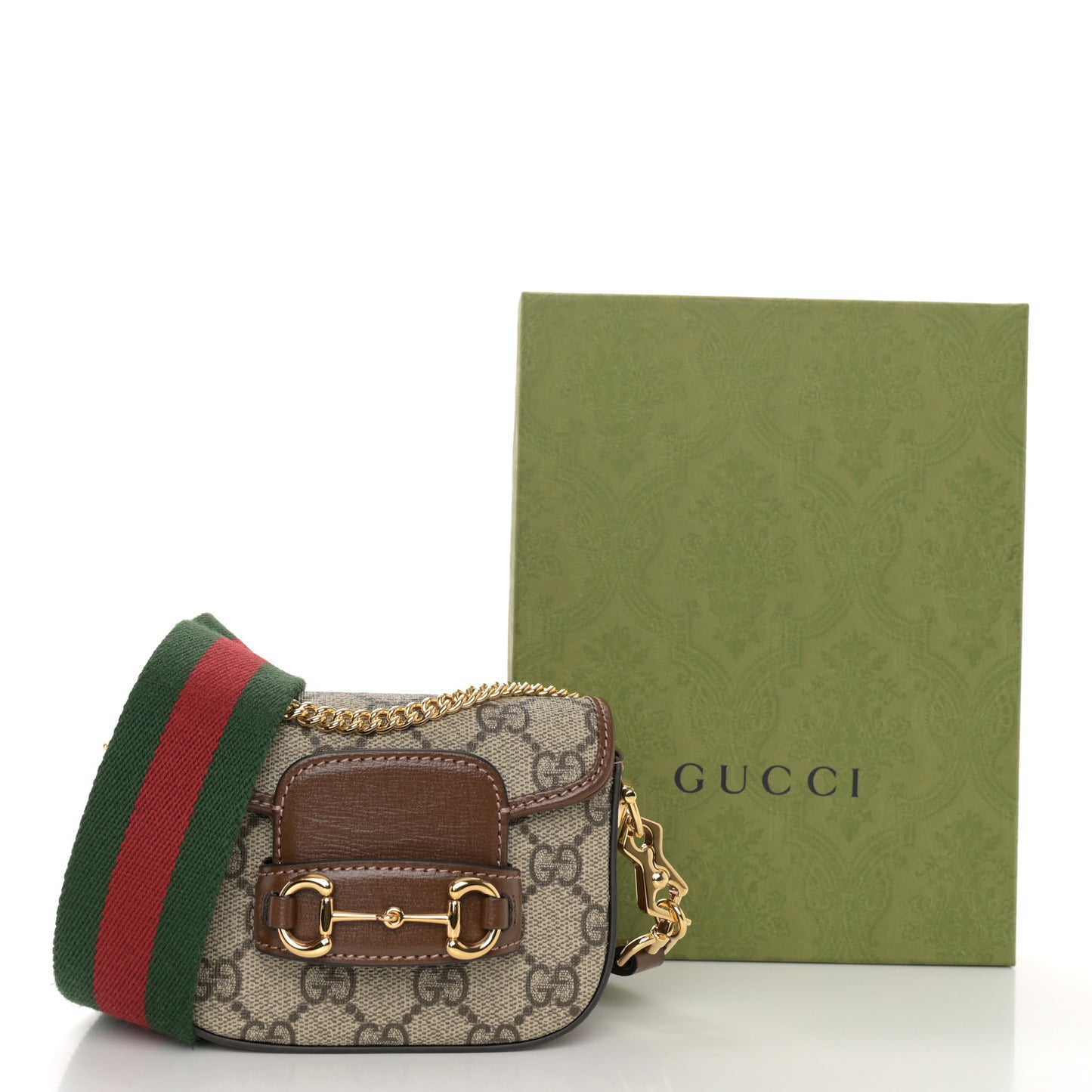 GG Supreme Monogram Azalea Calfskin Web Horsebit 1955 Wallet On Strap Beige Ebony Brown Sugar