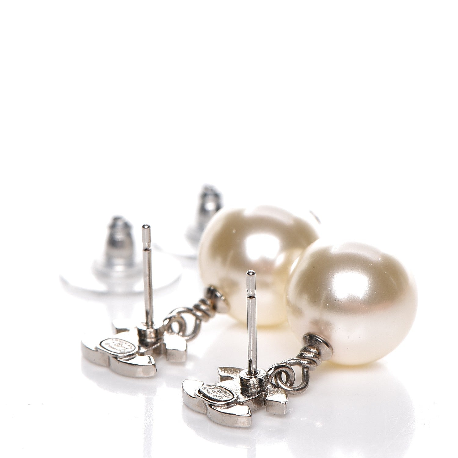 Chanel Crystal Pearl CC Drop Earrings Silver 3 of 4