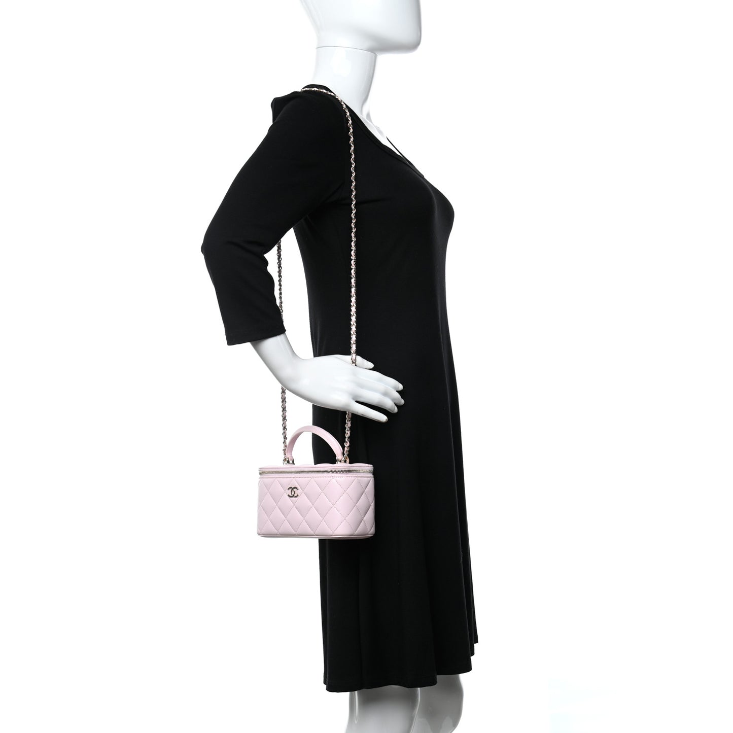 Lambskin Quilted Small Top Handle Vanity Case With Chain Light Pink