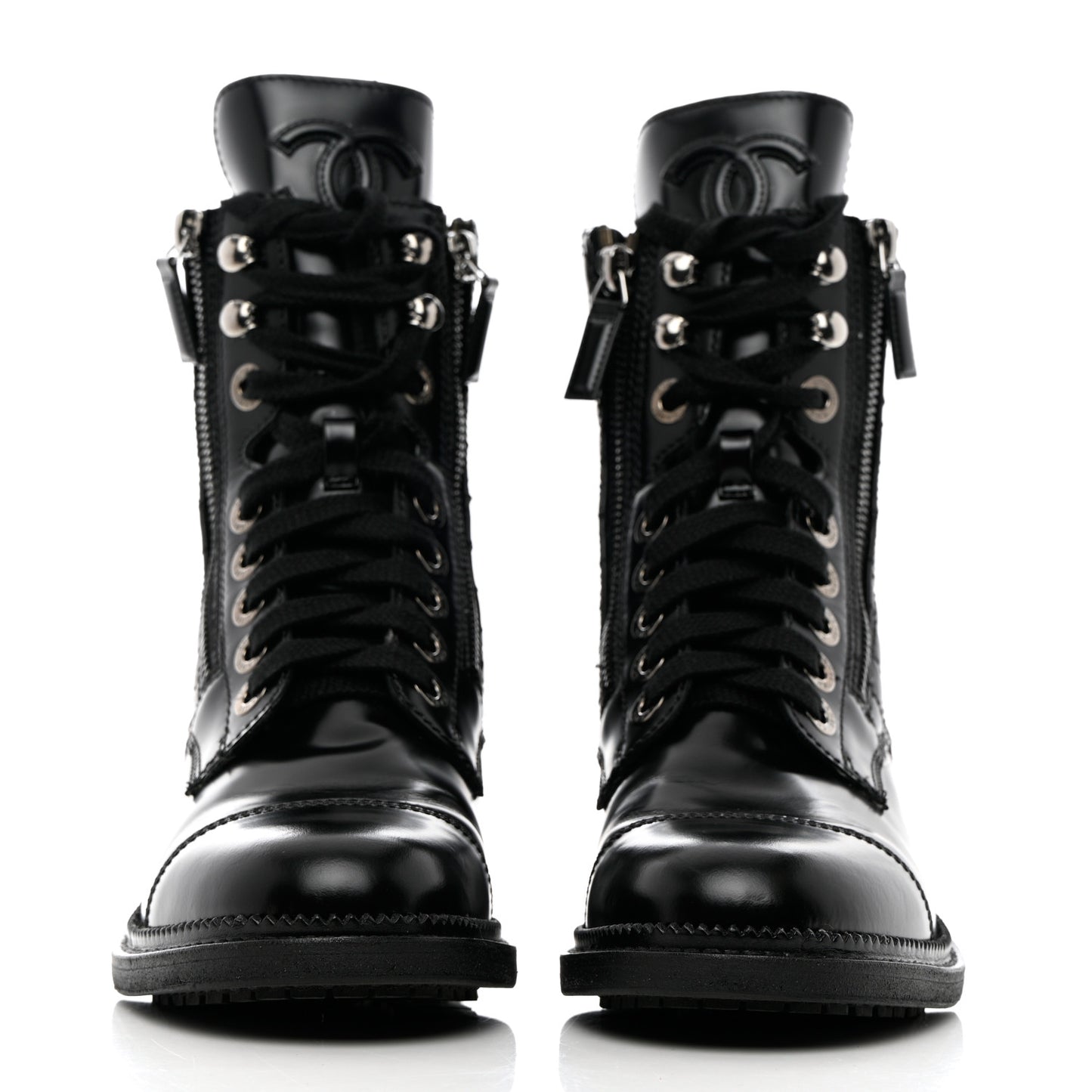 Calfskin Quilted Lace Up Combat Boots 36 Black