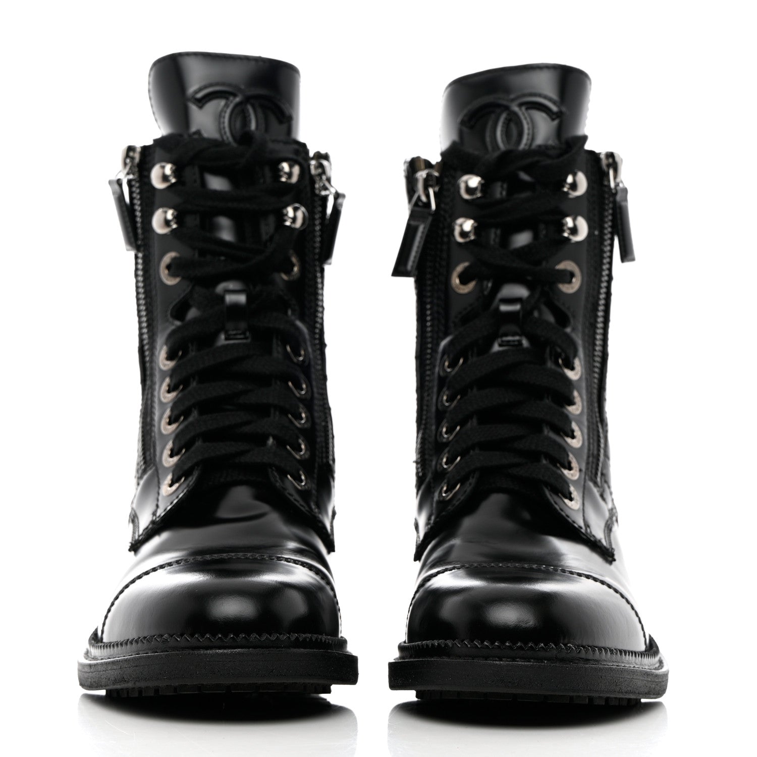 Chanel Calfskin Quilted Lace Up Combat Boots 36 Black 2 of 15