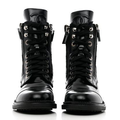 Chanel Calfskin Quilted Lace Up Combat Boots 36 Black 2 of 15