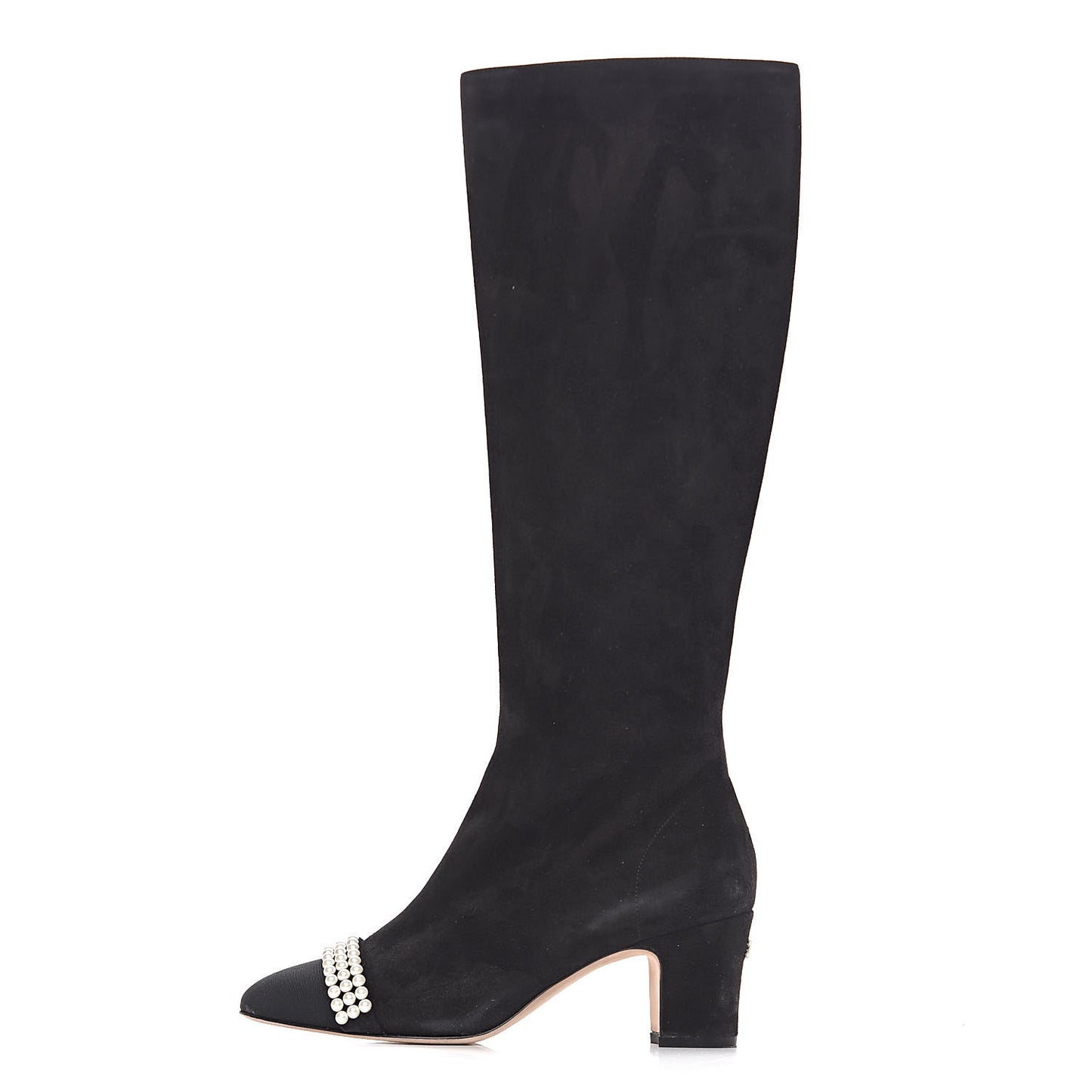 Suede Grosgrain Pearl CC Cap Toe High Boots 37 Black