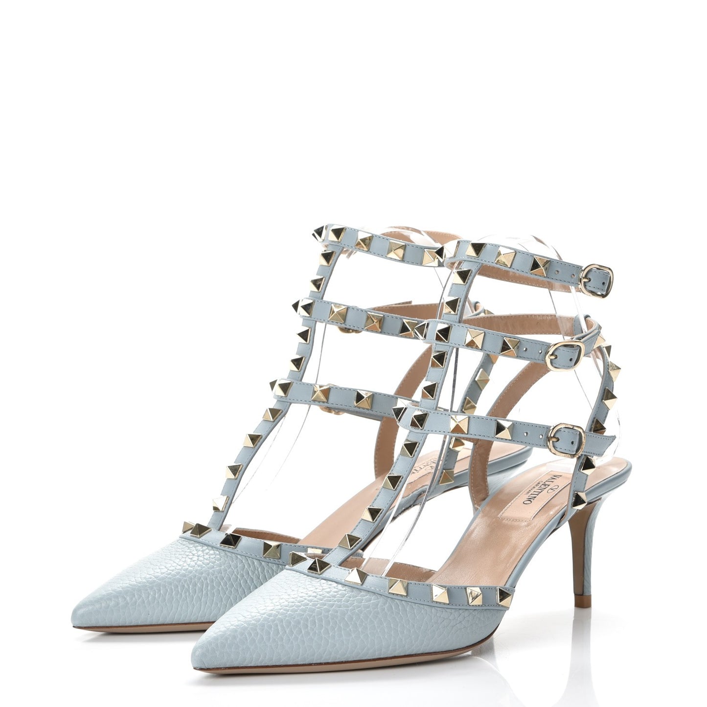 Pebbled Calfskin Rockstud Ankle Strap 65mm Pumps 38 Sky Sorbet