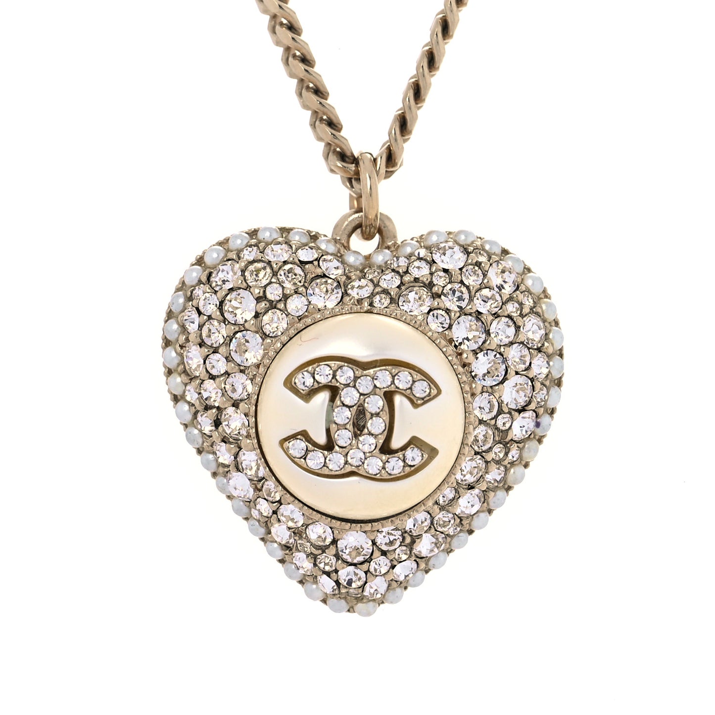 Pearl Crystal CC Heart Necklace Gold