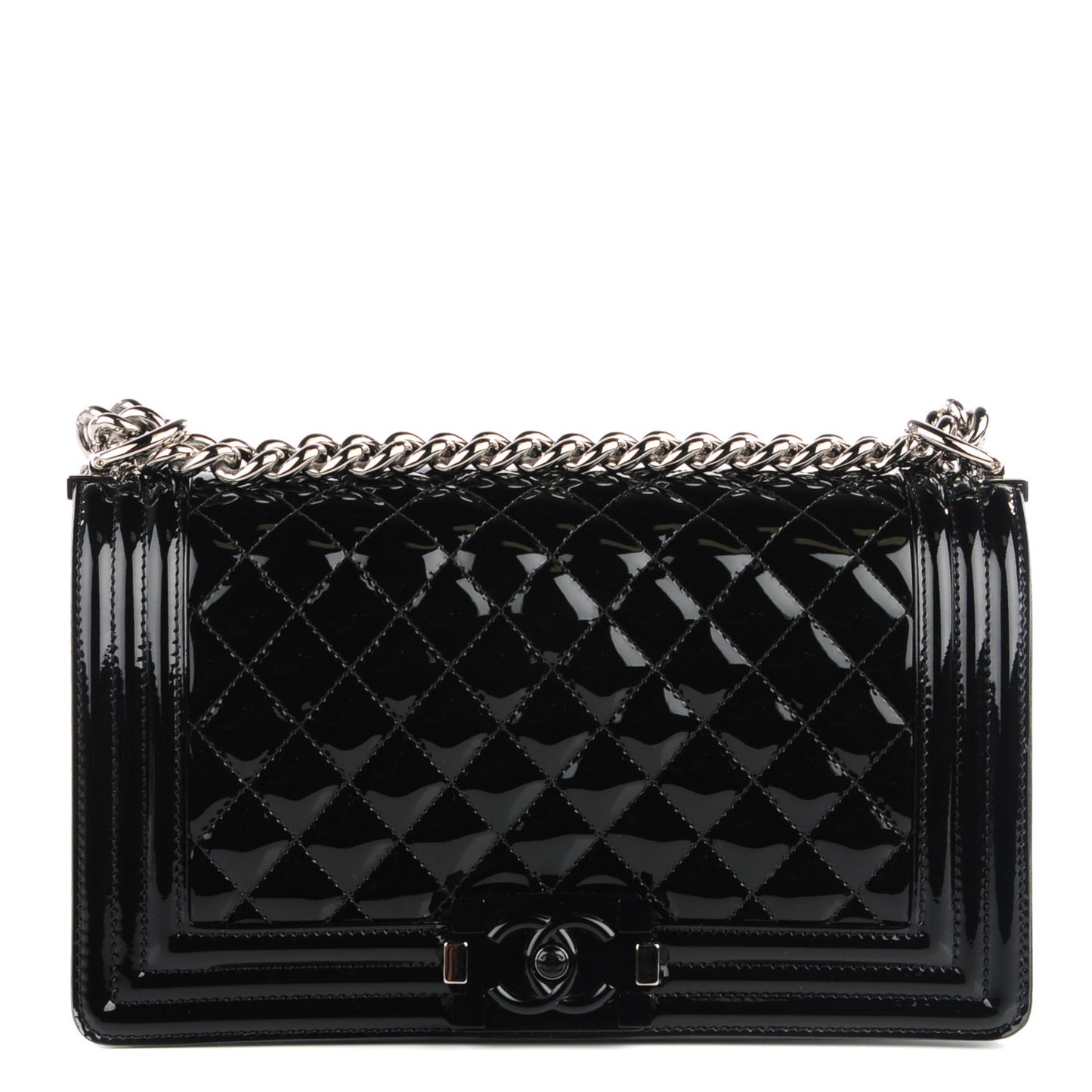 Patent Calfskin Quilted Medium Plexiglass Boy Flap Black