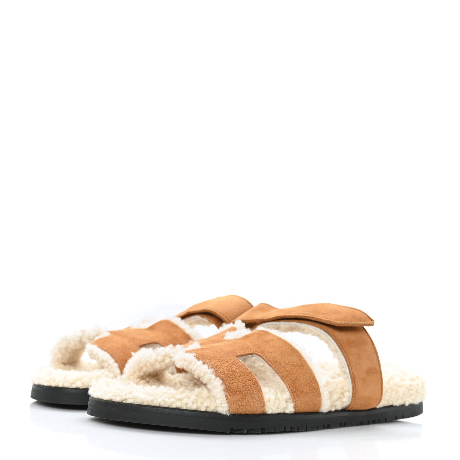 Hermes Suede Goatskin Woolskin Womens Chypre Sandals 40 Golden Beige 3 of 8