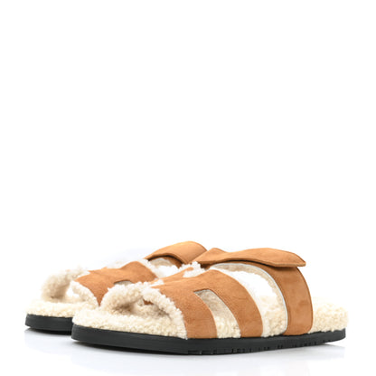 Hermes Suede Goatskin Woolskin Womens Chypre Sandals 40 Golden Beige 3 of 8