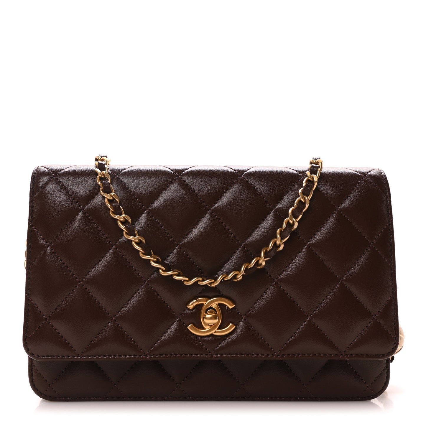 Lambskin Quilted CC Pearl Crush Wallet on Chain WOC Dark Brown