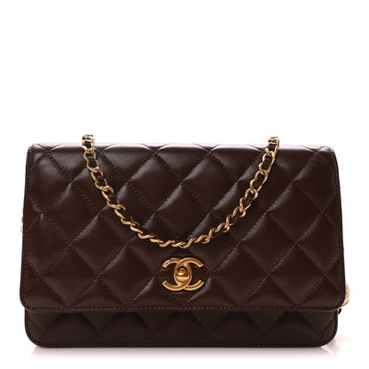 Chanel Lambskin Quilted CC Pearl Crush Wallet on Chain WOC Dark Brown 1 of 12