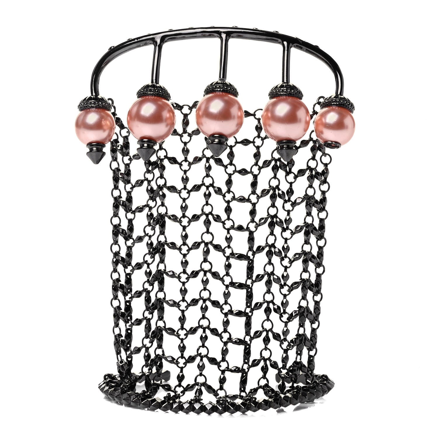 Gucci Metal Embellished Pearl Multi-Finger Ring Bracelet Black Pink 1 of 4
