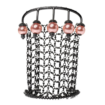 Gucci Metal Embellished Pearl Multi-Finger Ring Bracelet Black Pink 1 of 4