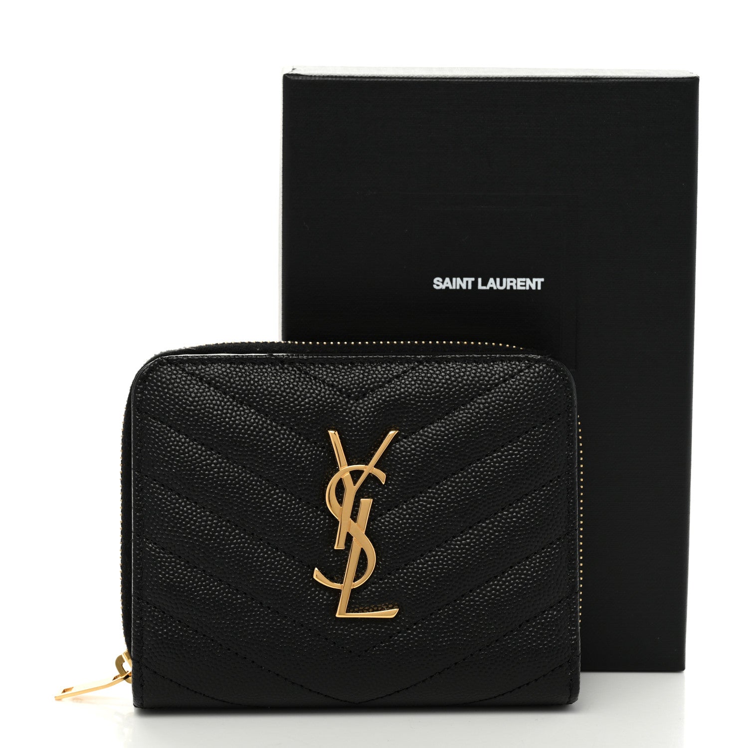 Saint Laurent Grain De Poudre Matelasse Chevron Monogram Compact Zip Around Wallet Black 7 of 7