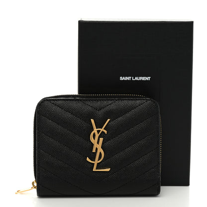 Saint Laurent Grain De Poudre Matelasse Chevron Monogram Compact Zip Around Wallet Black 7 of 7